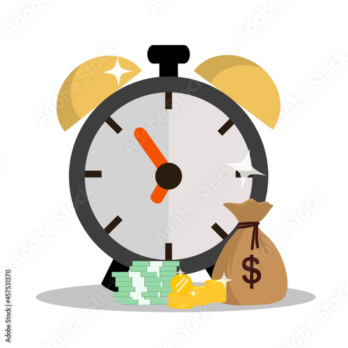 Alarm clock and money. Money in a bag. Money making time concept.