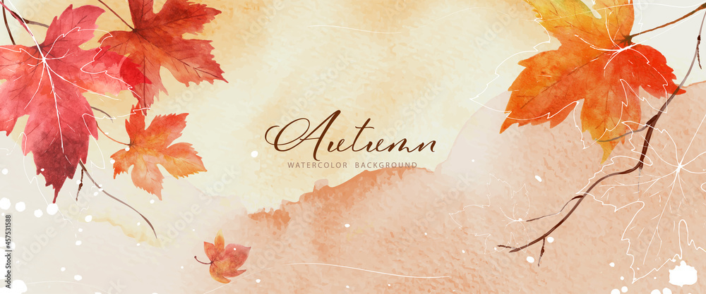 Abstract art autumn background with orange maple leaves watercolor