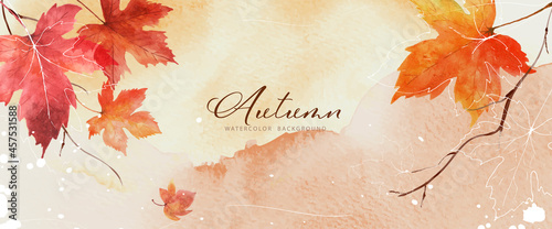 Abstract art autumn background with orange maple leaves watercolor photo