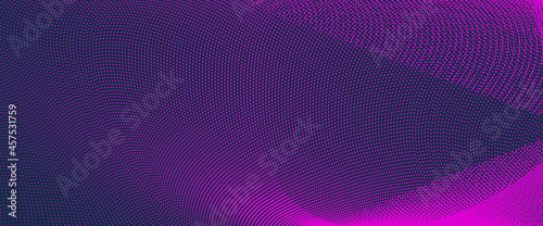 Technology dark purple background, magenta particles. Futuristic pattern, dotted curves. Internet, cyberspace concept. Abstract landing page template. Design for banner, presentation, voucher, coupon