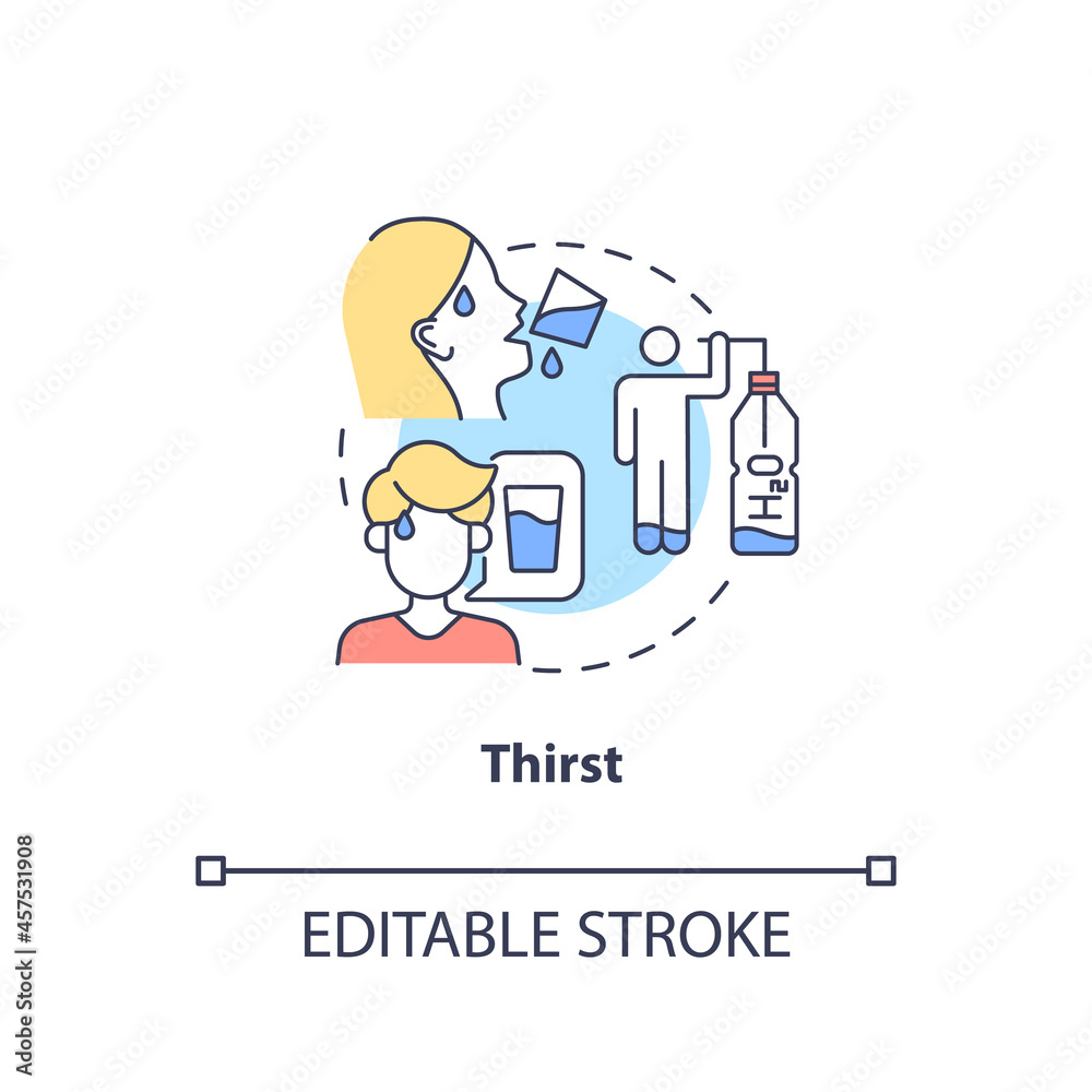 Thirst concept icon. Excessive thirst is diabetes sign. Fluid balance in body. Dehydration sign abstract idea thin line illustration. Vector isolated outline color drawing. Editable stroke