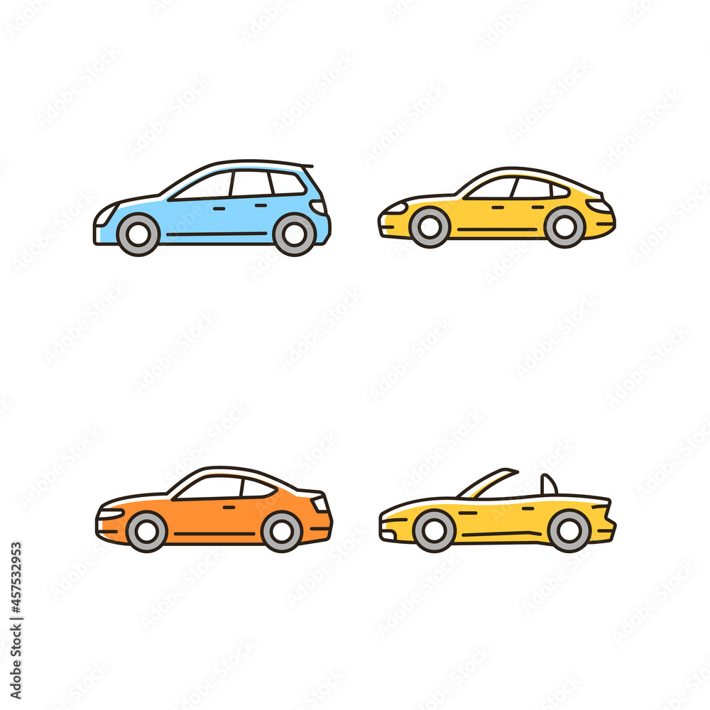 Practical sports cars RGB color icons set. Hatchback model. Sports sedan. Coupe automobile. Cabriolet with retractable roof. Isolated vector illustrations. Simple filled line drawings collection