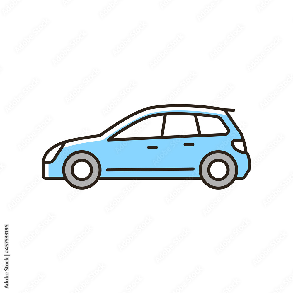 Hatchback RGB color icon. Cheap sports car. Auto with two-box design. Access to cargo area. Vehicle body configuration with hinged rear door. Isolated vector illustration. Simple filled line drawing