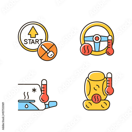 Modern automotive features RGB color icons set. Push button start. Providing comfort to driver. Defrosting vehicle windows. Isolated vector illustrations. Simple filled line drawings collection