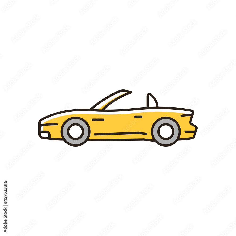 Convertible car RGB color icon. Cabriolet with retractable roof. Open top car driving experience. Two-door sports vehicle. Removable hardtop. Isolated vector illustration. Simple filled line drawing