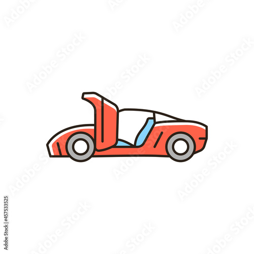 Car with synchro helix doors RGB color icon. Practical innovative solution for sports vehicle. Hinge mechanism. Rotating outwards and upwards. Isolated vector illustration. Simple filled line drawing
