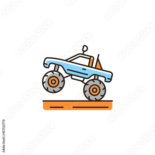 Monster truck racing RGB color icon. Pickup with oversized tires. Competitive and entertainment event. Stunt driving experience. Motor sport. Isolated vector illustration. Simple filled line drawing