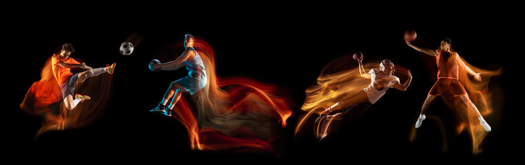 Collage of male american football, soccer and basketball players in action and motion isolated over dark background in mixed neon light. Flyer.