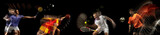Sportsmen playing basketball, tennis, soccer football, gymnastics on black background in mixed light.