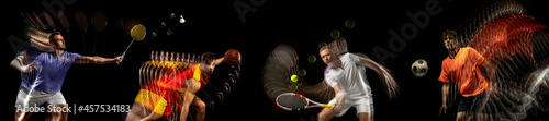 Sportsmen playing basketball, tennis, soccer football, gymnastics on black background in mixed light.