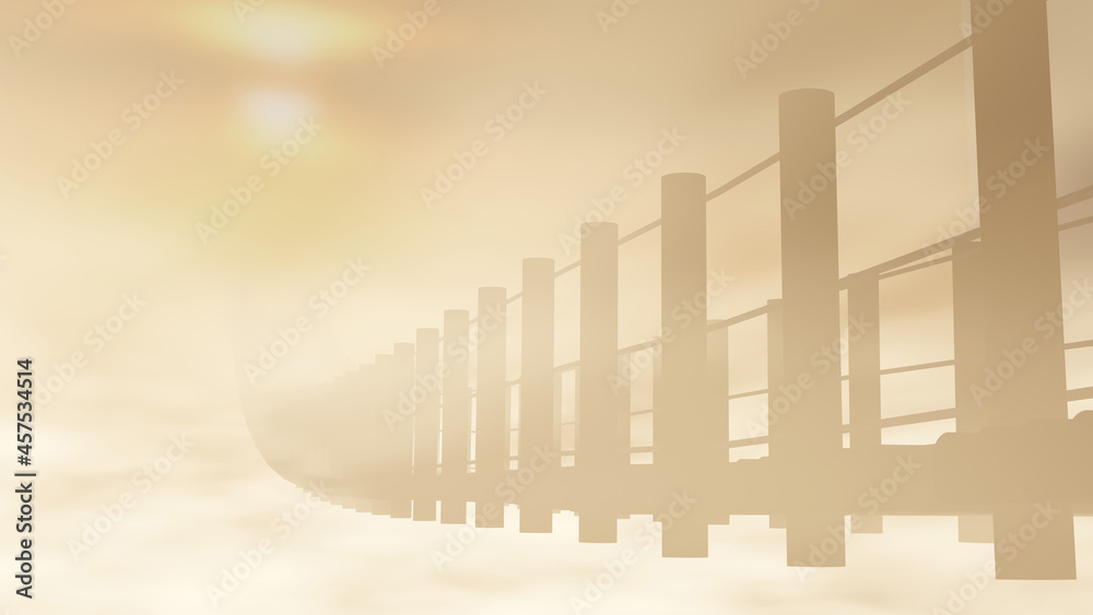 Fototapeta premium Sun is rising over a wooden suspension bridge in a foggy morning (3D Rendering)