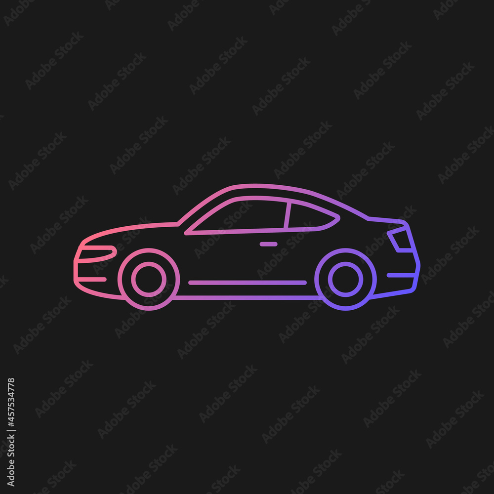 Coupe car gradient vector icon for dark theme. Two-door sports automobile. Performance-oriented vehicle. Fixed roof. Thin line color symbol. Modern style pictogram. Vector isolated outline drawing