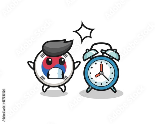 Cartoon Illustration of south korea flag is surprised with a giant alarm clock