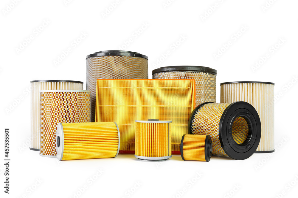 Auto parts accessories : Oil , fuel or air filter for engine car isolated on white background.. - obrazy, fototapety, plakaty 