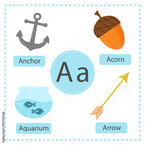 Alphabet  cards. Learning English for children. Letter, word and picture. Colorful vector illustration.