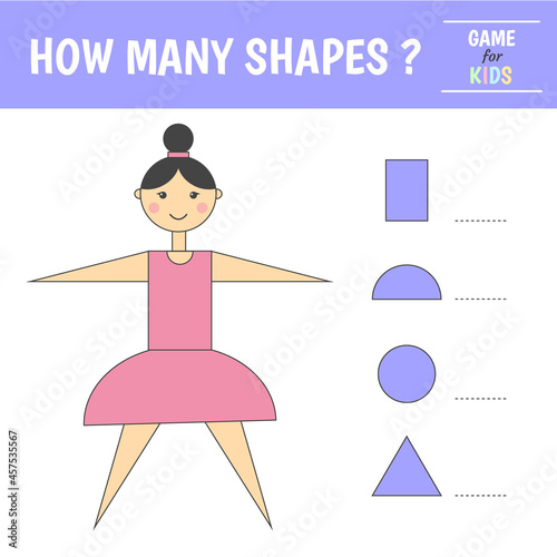 Educational game for kids. Girl of geometric shapes. Count  rectangle, triangles, hemisphere and circles. Preschool worksheet activity. Vector illustration