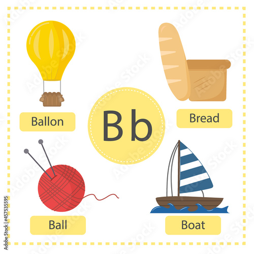 Alphabet  cards. Learning English for children. Letter, word and picture. Colorful vector illustration.