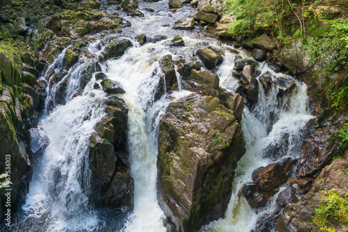 The Black Linn Falls on the River Braan, at The Hermitage located near Dunkeld, Perthshire, Scotland, UK. Viewed from Ossian's Hall.