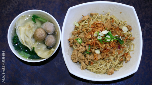 Indonesian Meatball and Noodle Soup or mie ayam baso. photo