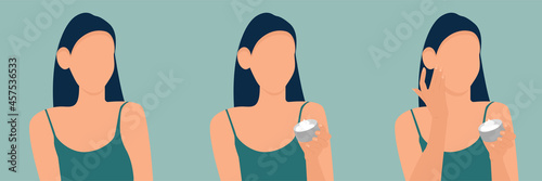 The girl puts the cream on her face.A woman with cream. Modern hand-drawn vector illustration of female characters applying clay face masks. Product concept for beauty and skin care.