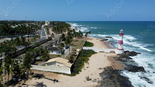 salvador, bahia, brazil - september 16, 2021: aerial view of Itapua Lighthouse in Salvador city. photo