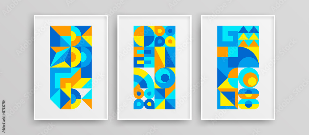 Premium amazing bauhaus geometric design vector concept set. Original multicolored wall art layout collection.