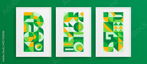 Clean amazing wall decor artwork set. Bright fresh geometric shapes vector design layout composition.