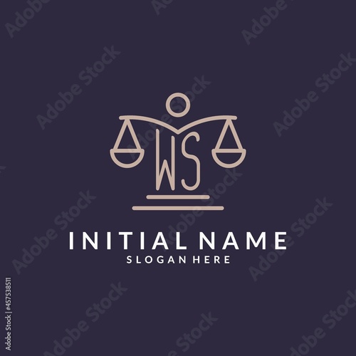 WS initials combined with the scales of justice icon, design inspiration for law firms in a modern and luxurious style