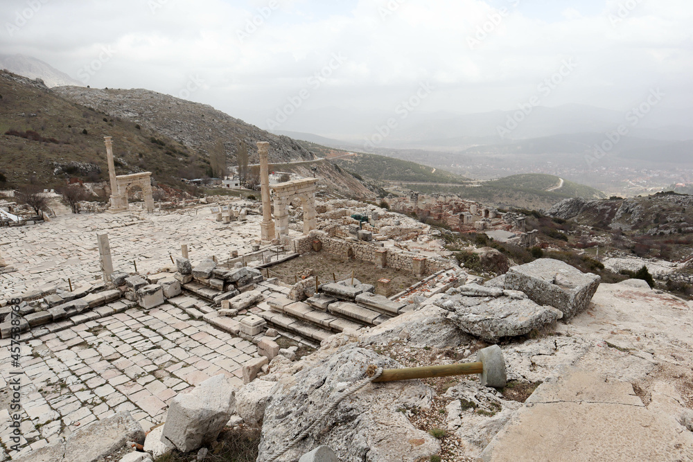 Panoramic view to the ruins of ancient city Sagalassos lost in Turkey mountains