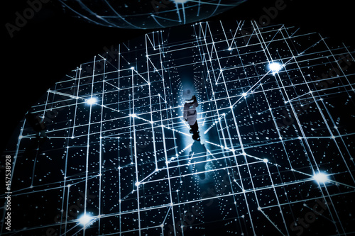 High angle view of a girl standing on virtual grid pattern image projected in 3D light & sound show