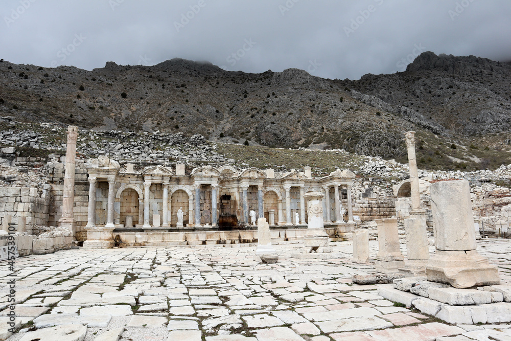 scenic beautiful view of upper agora of ancient city Sagalassos in Turkey mountains