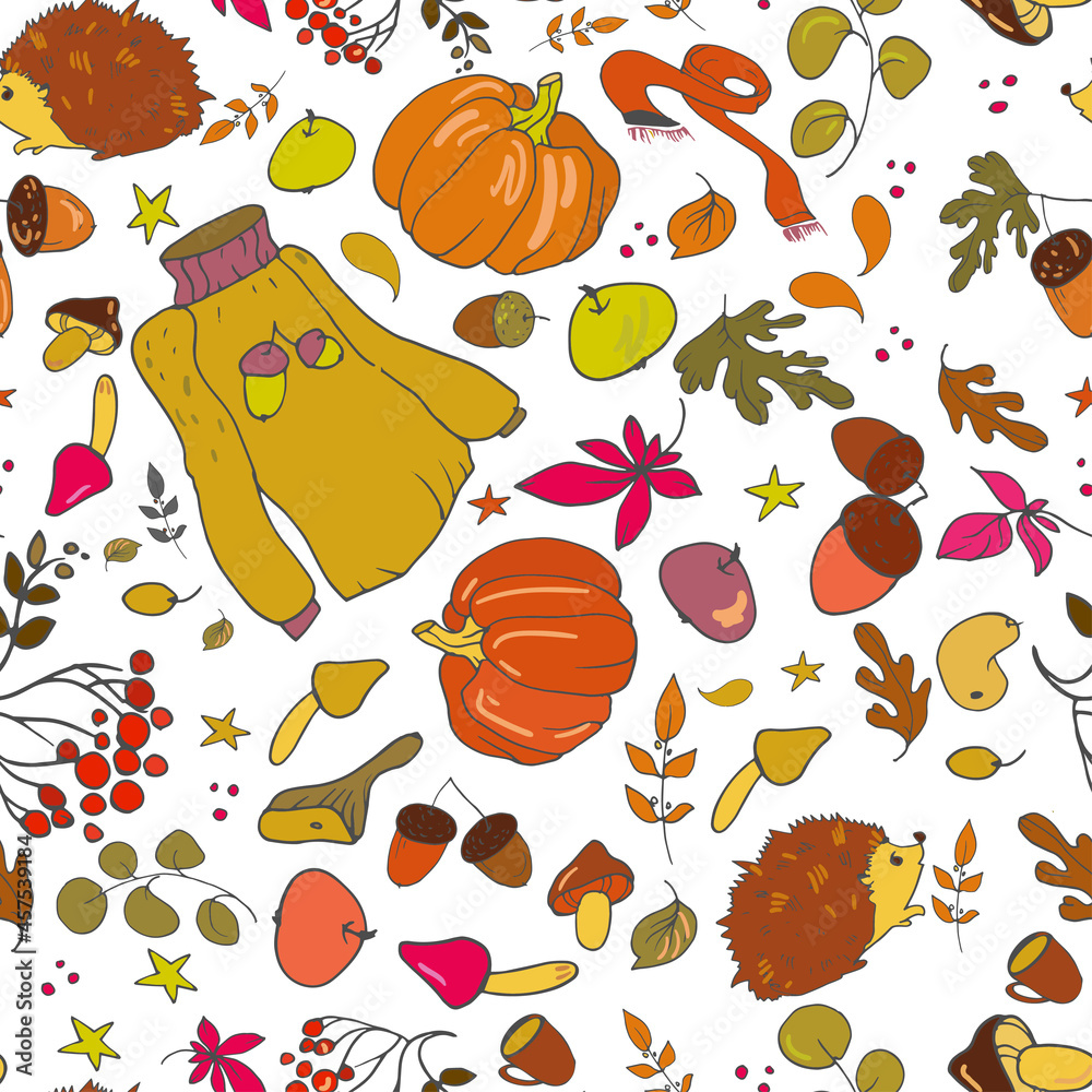 Autumn vector seamless pattern hand-drawn, with elements of plants and other objects, isolated on white background, eps 10 Autumn vector seamless pattern hand-drawn, with elements of plants and other objects, isolated on white background, eps 10