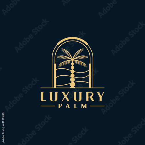 Vector logo design template with palm tree - abstract summer and vacation badge and emblem for holiday rentals, travel services, tropical spa and beauty studios