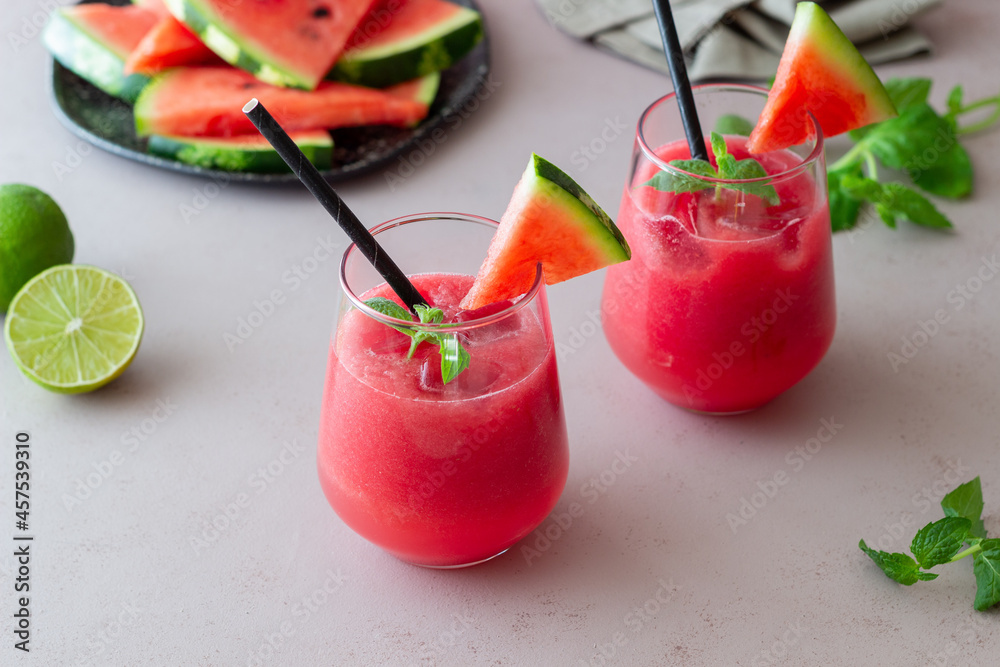 Watermelon drink with mint and ice. Cold drinks. Summer. Healthy eating. Vegetarian food. Watermelon drink with mint and ice. Cold drinks. Summer. Healthy eating. Vegetarian food.