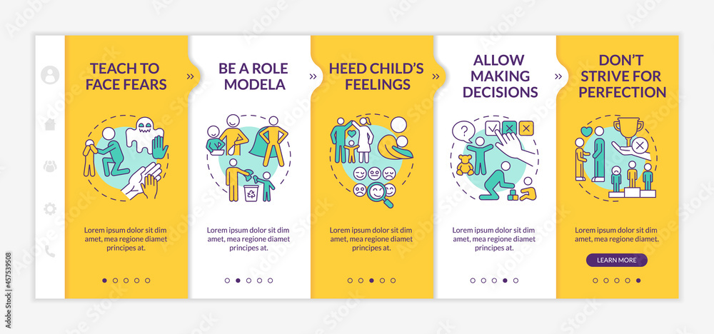 Bringing up tips yellow onboarding vector template. Responsive mobile website with icons. Web page walkthrough 5 step screens. Child mental health color concept with linear illustrations