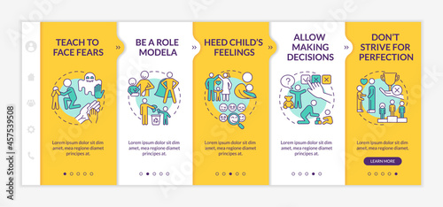 Bringing up tips yellow onboarding vector template. Responsive mobile website with icons. Web page walkthrough 5 step screens. Child mental health color concept with linear illustrations