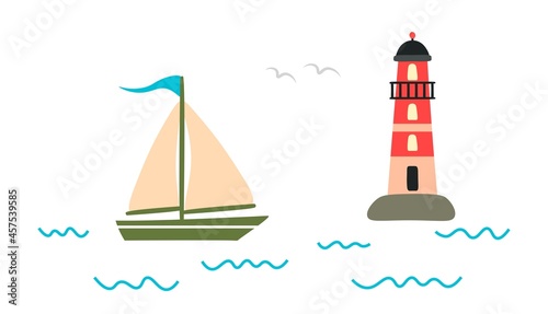 Sailing boat and lighthouse in an ocean. Marine nautical coastal tower. Cute boat with sails. Hand draw vector illustration on white isolated background. Flat illustration.