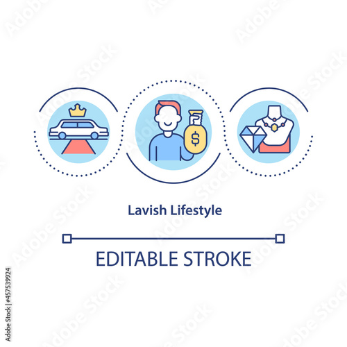 Lavish lifestyle concept icon. Purchasing expensive products and goods. Wealthy and rich people abstract idea thin line illustration. Vector isolated outline color drawing. Editable stroke