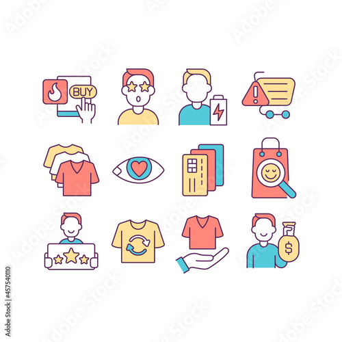 Consumerism RGB color icons set. Excessive and responsible consumption. Avoiding mindless purchasing. Shopping. Isolated vector illustrations. Simple filled line drawings collection