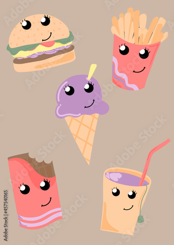 ilustración vectorial editable de comida feliz, hamburguesa completa con tomate lechuga y queso. gaseosa, chocolate, malteada, helado, refresco, papas fritas, batatas, patatas sonrientes y contentos