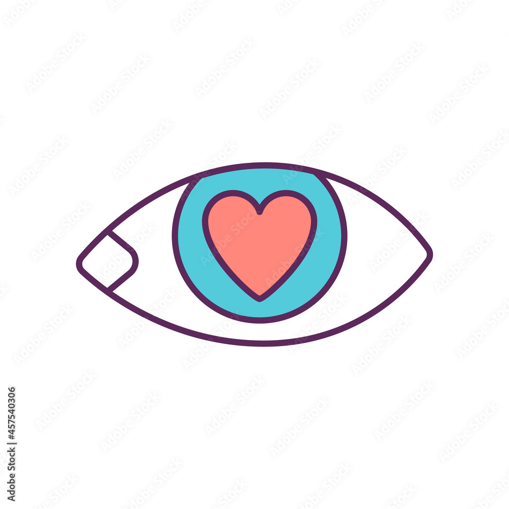 Love at first sight RGB color icon. First impression. See attractive and alluring things. Buying things to impress people. Consumerism. Isolated vector illustration. Simple filled line drawing Love at first sight RGB color icon. First impression. See attractive and alluring things. Buying things to impress people. Consumerism. Isolated vector illustration. Simple filled line drawing