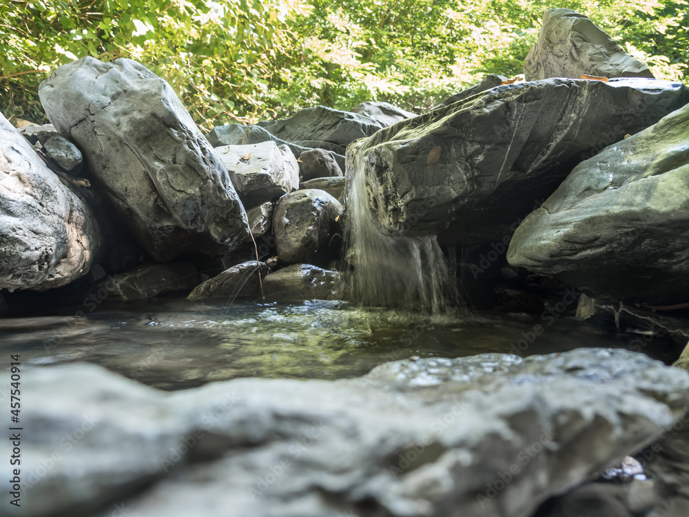 Rapid flow of a mountain river in the mountains. Large stones lie along the shore. Small waterfall. A stone similar to the head of a turtle. Rapid flow of a mountain river in the mountains. Large stones lie along the shore. Small waterfall. A stone similar to the head of a turtle.