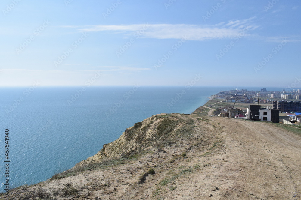 View of the Black Sea and mountains. The resort town of Anapa. Russia. Photo taken in spring.