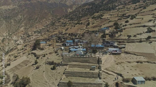 Aerial panorama around lovely Ghyaru village terraces, secluded viewpoint, stupa, Nepal photo