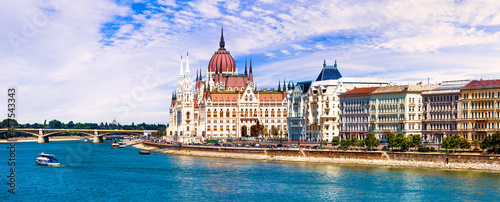 Beautiful Budapest - panoramic view woth Parliament. Hunagry