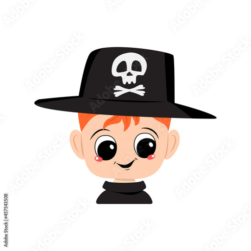 Avatar of a boy with red hair, big eyes and a wide happy smile wearing a hat with a skull. The head of a child with a joyful face. Halloween party decoration