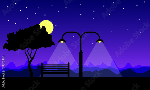 vector night wallpaper with bench and three and street light.