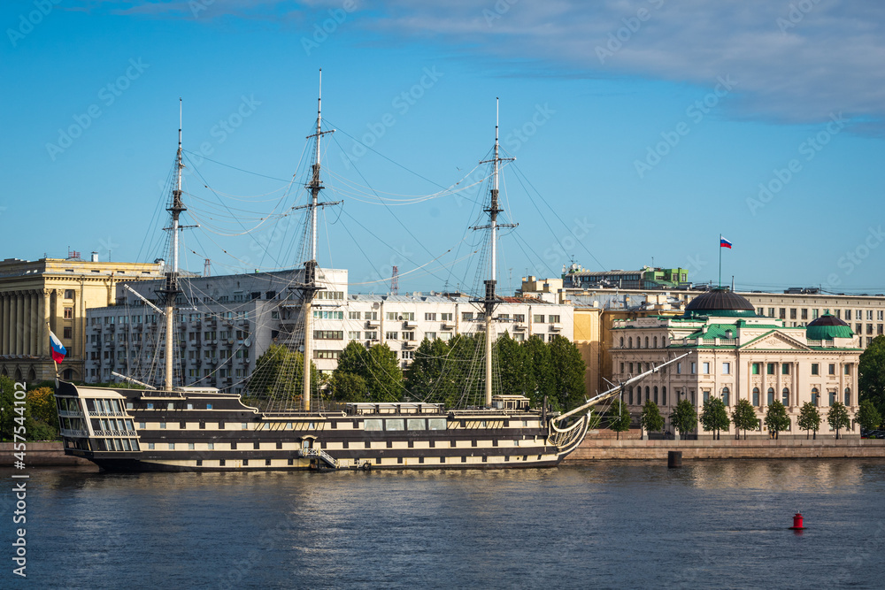 Sailing ship replica in Neva Embankment in Saint Petersburg, Russia