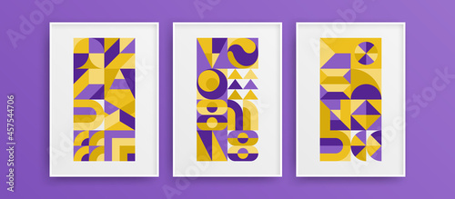 Vivid amazing bauhaus shapes vector design layout bundle. Trendy unique mural art template set.