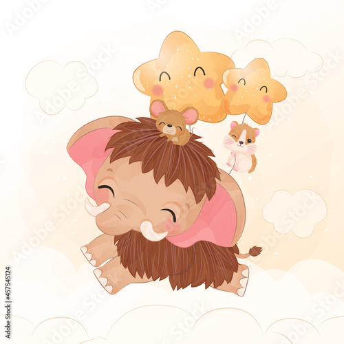 Cute little mammoth in watercolor illustration
